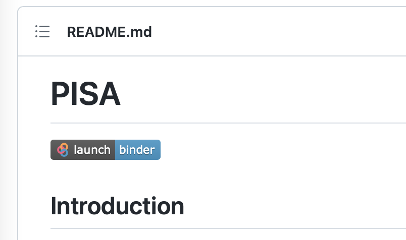 Une capture d'écran du fichier LISEZ-MOI. Il est indiqué README.md en haut. En dessous, il y a un en-tête intitulé "PISA". Suivi d'une icône grise et bleue qui dit "launch binder".