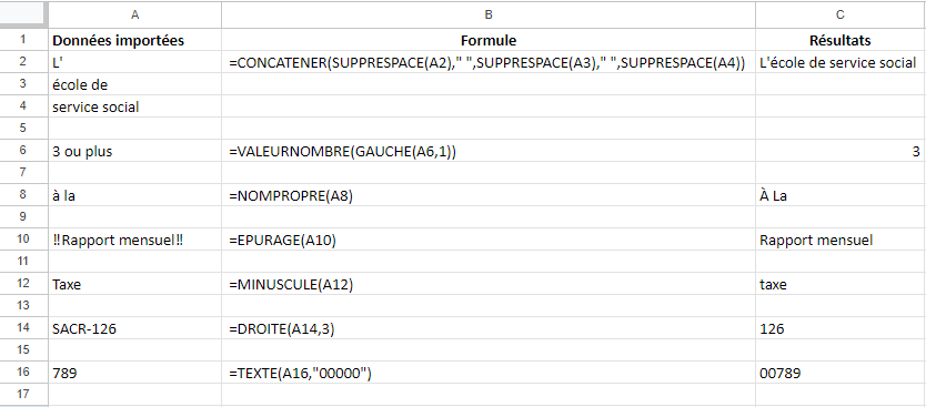 Tableur ayant une colonne avec des données, une colonne avec des formules pour transformer les données et une dernière colonne avec les données transformées.