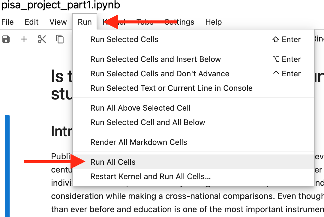 Capture d'écran de la commande "Run All Cells" dans le fichier. Une flèche rouge pointe vers la commande "Run", qui est la quatrième commande en partant de la gauche dans la barre des tâches du fichier. La fenêtre de la commande "Run" est ouverte et une autre flèche rouge pointe vers la commande "Run All Cells", qui est la huitième commande en partant du haut.