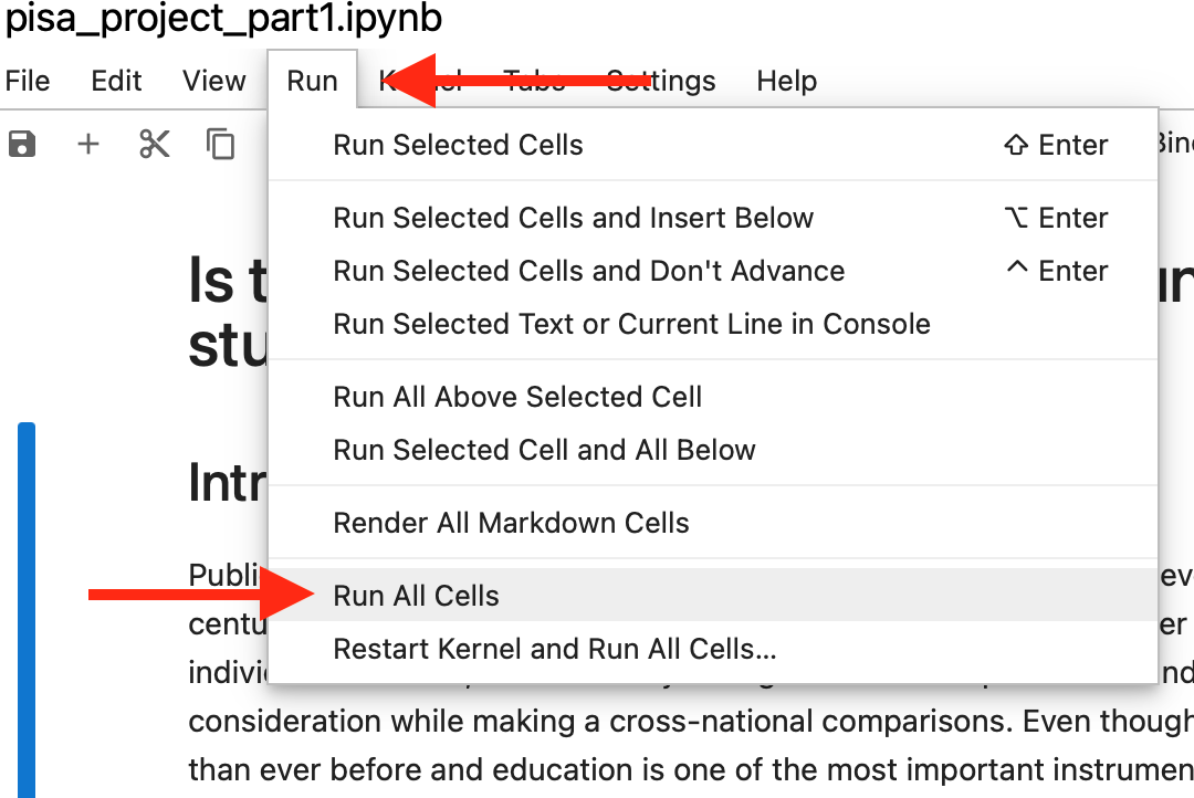 Capture d'écran de la commande "Run All Cells" dans le fichier. Une flèche rouge pointe vers la commande "Run", qui est la quatrième commande en partant de la gauche dans la barre des tâches du fichier. La fenêtre de la commande "Run" est ouverte et une autre flèche rouge pointe vers la commande "Run All Cells", qui est la huitième commande en partant du haut. 