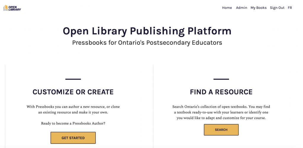 Landing page of eCampusOntario’s Pressbooks platform after logging in with “My Books” in top right corner"