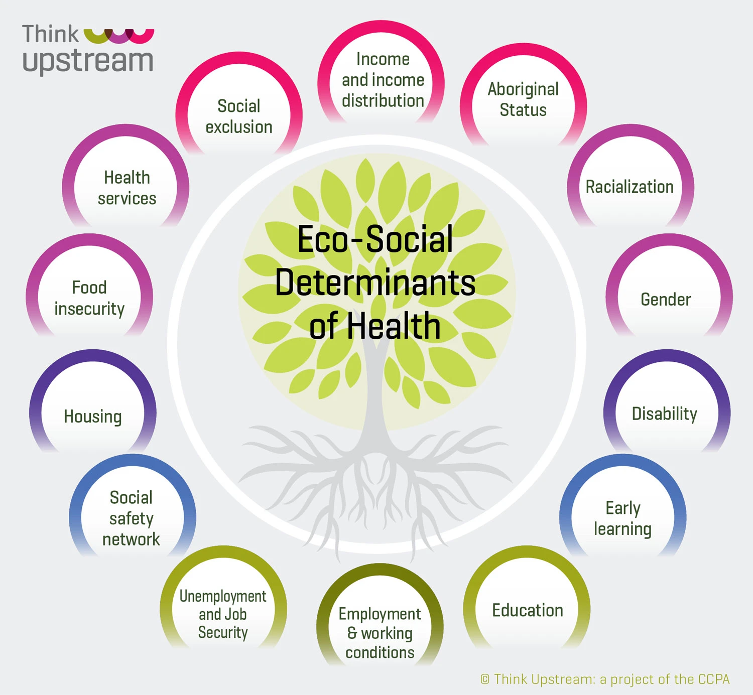 Think Upstream graphic showing the various eco-social determinants of health.