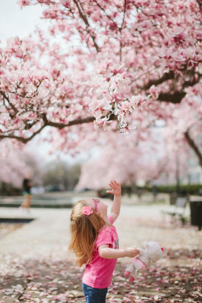 Girl under cherry blossom tree.