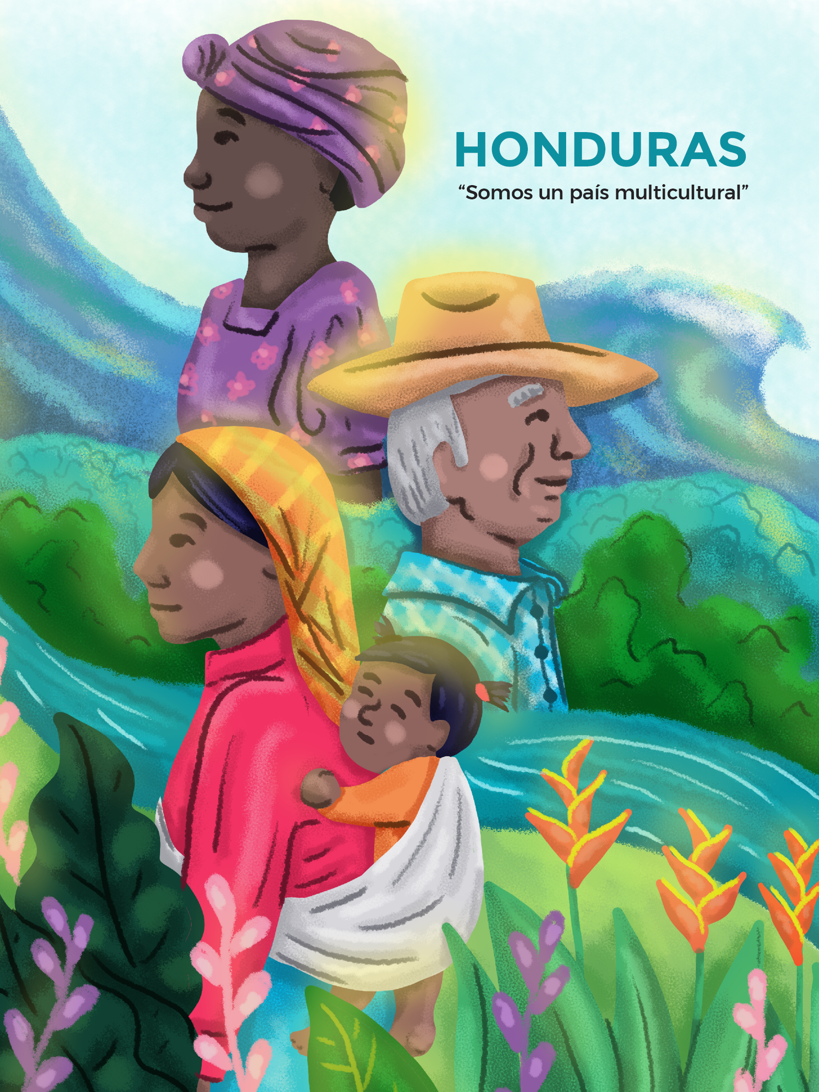 Paisaje con representación del mar, río y bosque. 3 personas representando la diversidad étnica de Honduras, indígena y afro.