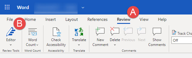 Screen capture of MS Word Ribbon with Review and Editor highlighted