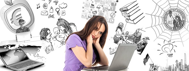 Woman at laptop looking stressed with drawings of daily life in the background.