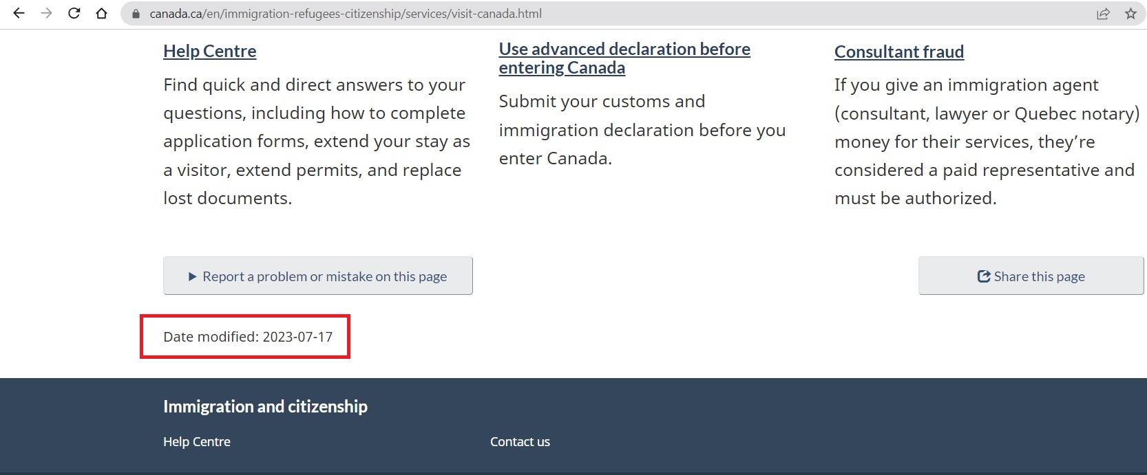 Bottom of the Stay in Canada as a vistor page with the date modified highlighted.