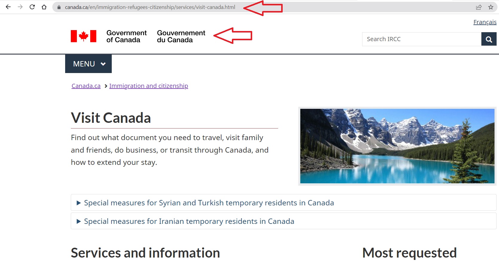 Stay in Canada as a visitor webpage when the logo from the Government of Canada and the canada.ca URL highlighted.