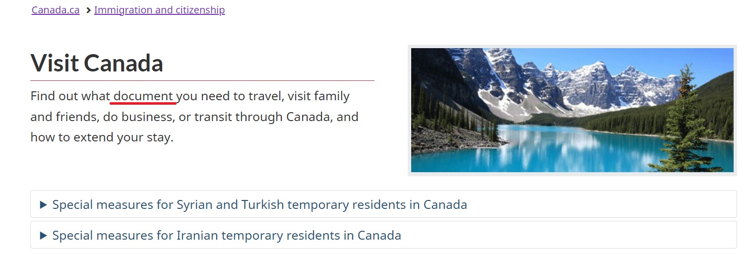Screenshot of Visit Canada webpage and with information about documents needed hightlighted.