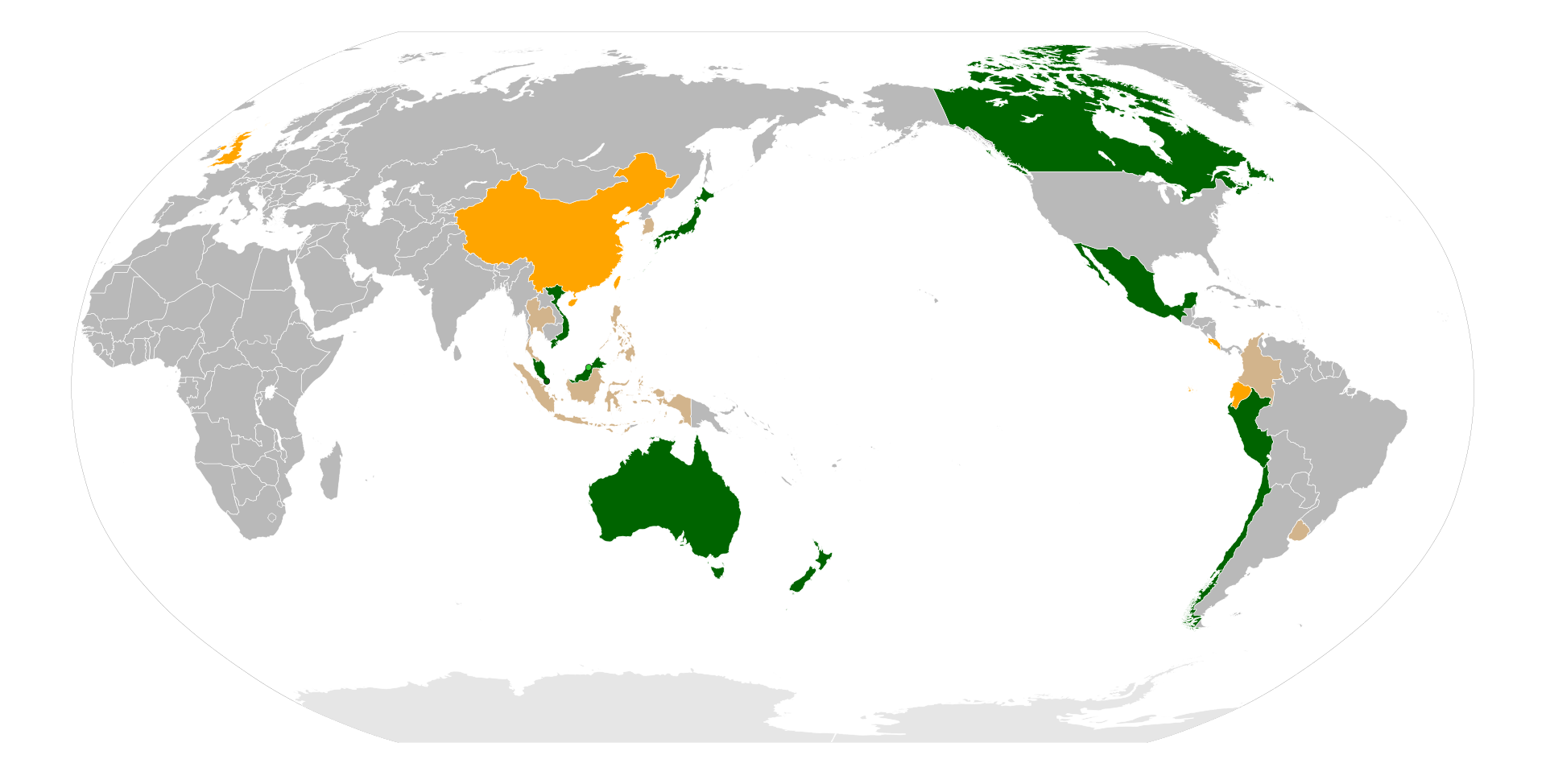 world map that has Australia, Brunei, Canada, Chile, Japan, Malaysia, Mexico, New Zealand, Peru, Singapore, and Vietnam highlighted