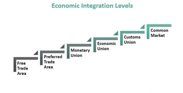 The image depicts a series of steps illustrating different levels of economic integration