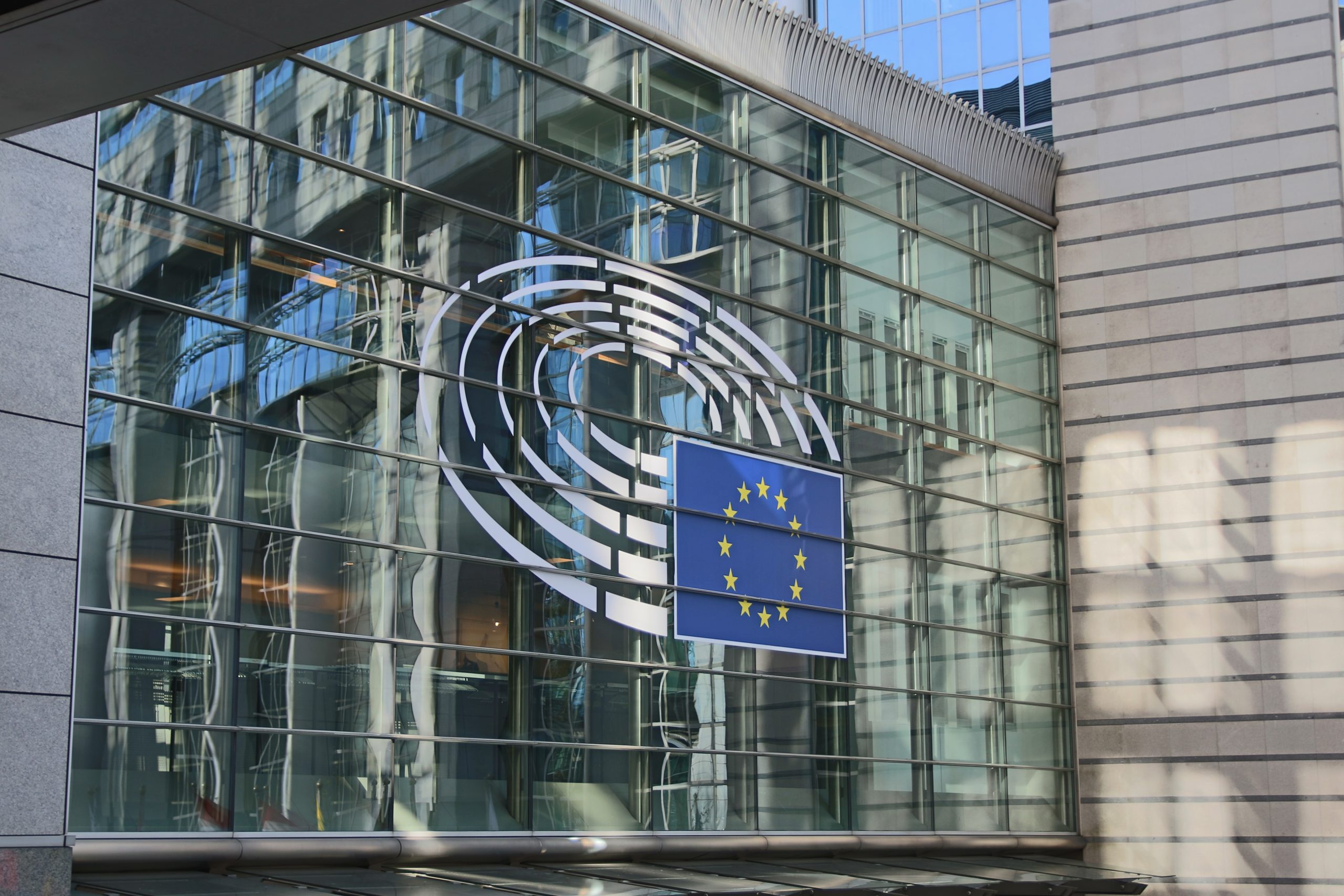 European Union flag on the facade of the European Parliament 'Paul Henri-Spaak' building