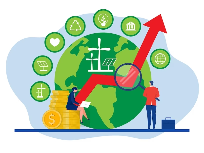 Illustration of a globe with economic symbols.