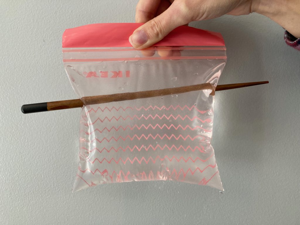 A bag filled with water has a chopstick through it. The position of the chopstick is distorted where it passes through the water-filled bag.