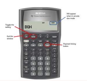 BAII Plus Calculator identifying BGN (will appear when in annuity due mode). Exit the Window, Toggle the Setting and Payment Time Button identified.