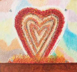 Watercolour painting of a heart. The heart is outlined in red and is filled with five other hearts. The background is rainbow tye dye.