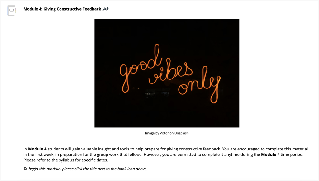 Screenshot of the Module 4 landing page in the Blackboard course