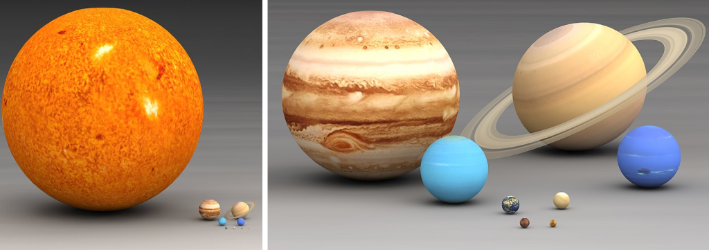 Image showing scale models of the sun and planets of the solar system next to one another for size comparison.