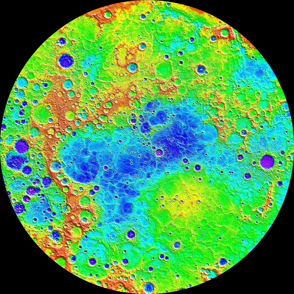 False Colour Image of Mercury’s Topography. Data from the MESSENGER spacecraft was used to compile this detailed image of Mercury’s northern hemisphere. The lowest regions are shown in purple and blue, and the highest regions are shown in red. The difference in elevation between the lowest and highest regions shown here is roughly 10 kilometres.