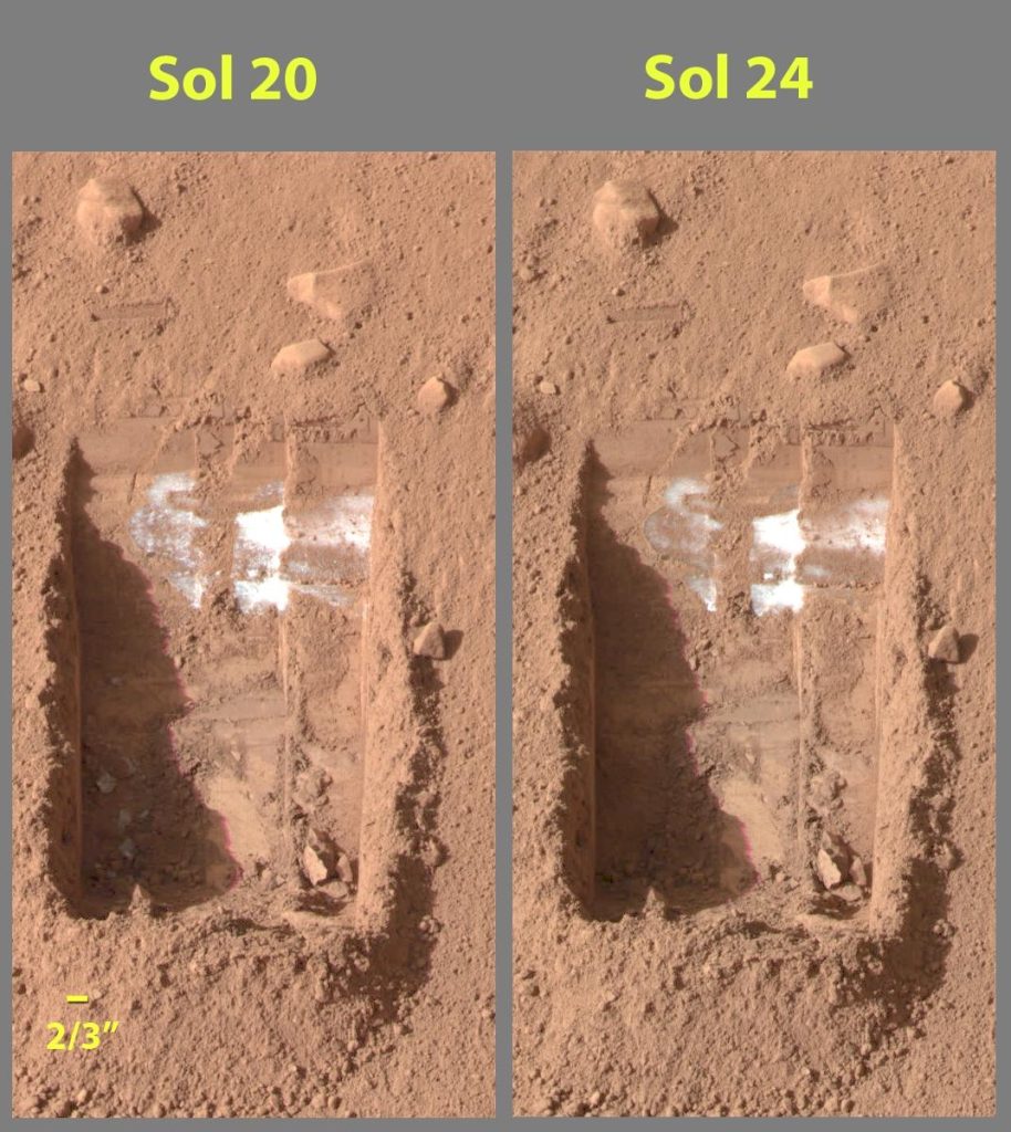 These colour images were acquired by NASA's Phoenix Mars Lander's Surface Stereo Imager on the 21st and 25th days of the mission, or Sols 20 and 24 (June 15 and 19, 2008).