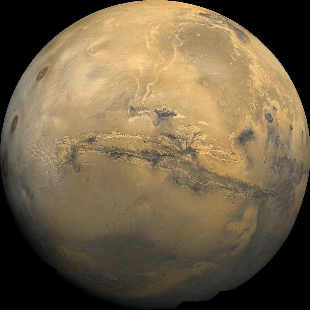 This image of Mars is centred on the Valles Marineris (Mariner Valley) complex of canyons