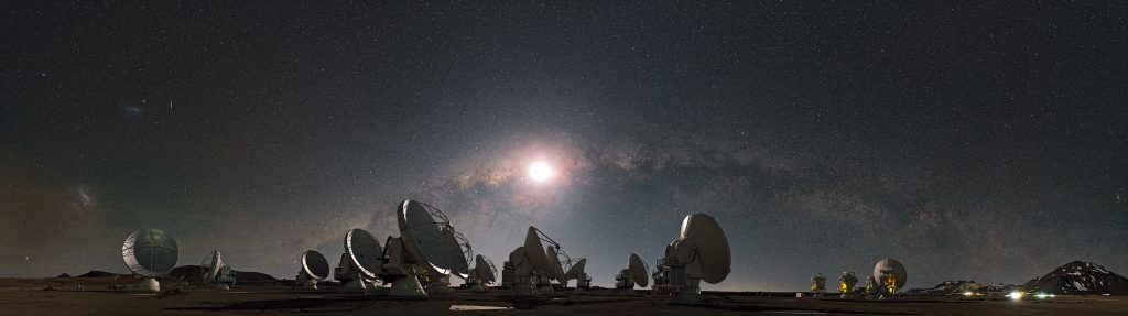 Atacama Large Millimeter/submillimeter Array with the Moon and the Milky Way visible on the horizon.