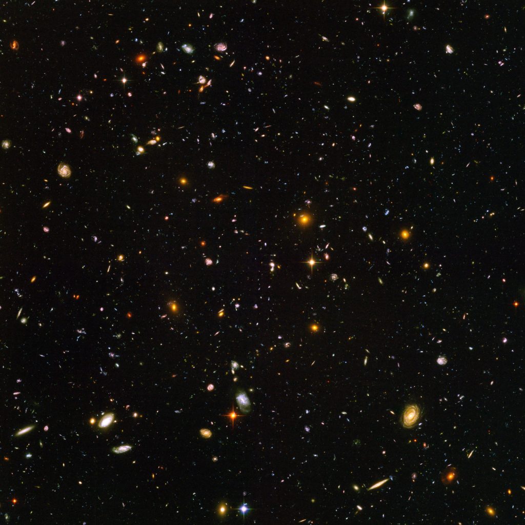 This view of nearly 10,000 galaxies is called the Hubble Ultra Deep Field.