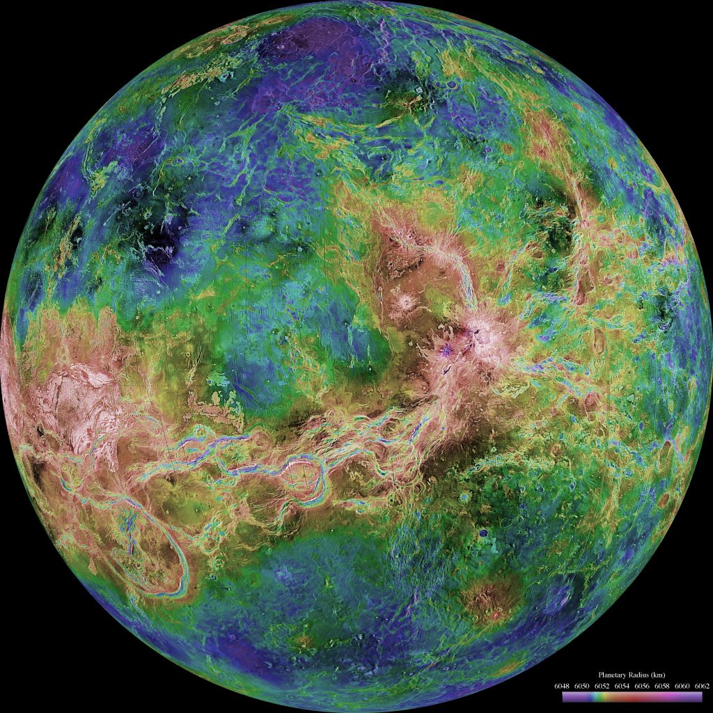 False-colour radar map of Venus. The hemisphere shown in this image has lower regions that lie at higher latitudes (top and bottom), and highlands in the equatorial zone (centre).