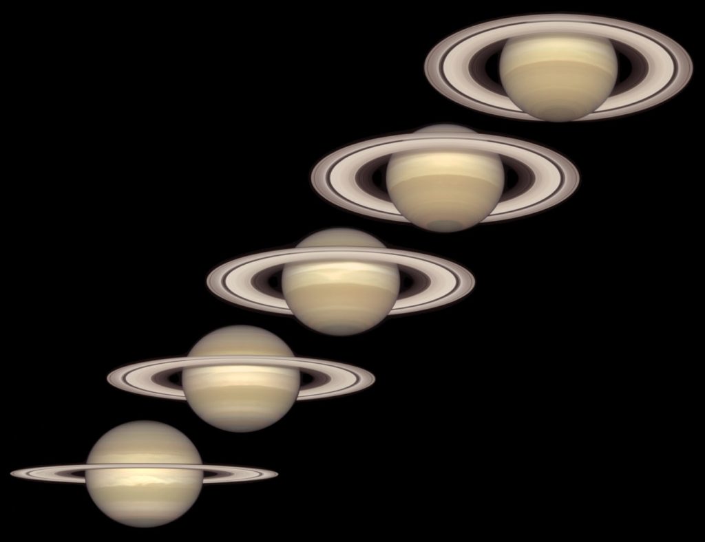 The Changing Angle of Saturn’s Rings. Five images clearly illustrating the 27° tilt of Saturn’s rings. At lower left, the rings are seen nearly edge on, and the Cassini division is difficult to see. Moving toward the upper right, the rings tilt to their maximum angle as seen from Earth, with the planet obscuring only a small portion of the rings.