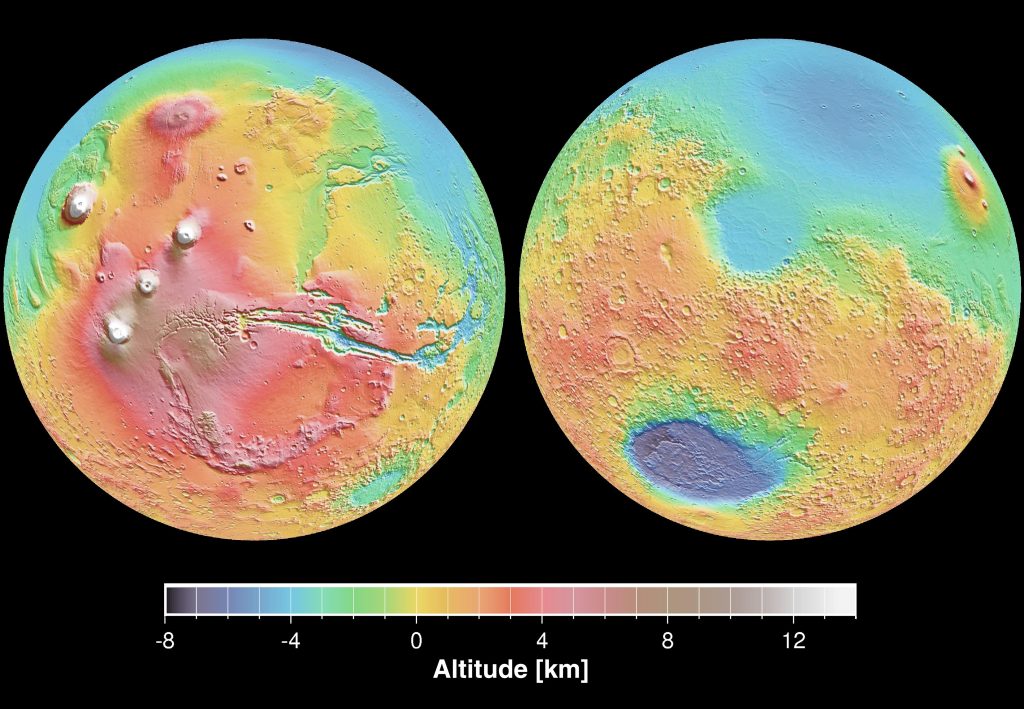 False colour elevation map of Mars. This image presents two hemispheres of Mars in the upper portion, and a colour-based altitude scale at the bottom. The scale ranges from -8 k m, represented in dark blue on the left, gradually changing to green at -2 k m. Zero k m is represented in yellow, changing to red at 3 k m, then brown at 8 k m, and on to white at 12 k m on the right. The left hand image of Mars shows the highland region. The volcanoes are easily visible on the left. Valles Marineris is seen stretching from the centre of the image toward the right. The right hand image shows the lower regions and plains with a large, deep basin at the lower left portion of the image.