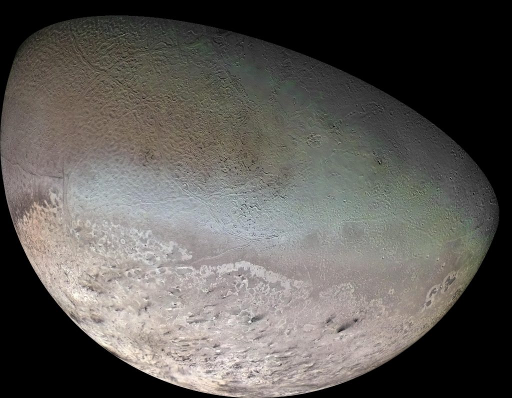 An image of Neptune’s Moon Triton. At the bottom of the image is the southern polar cap.