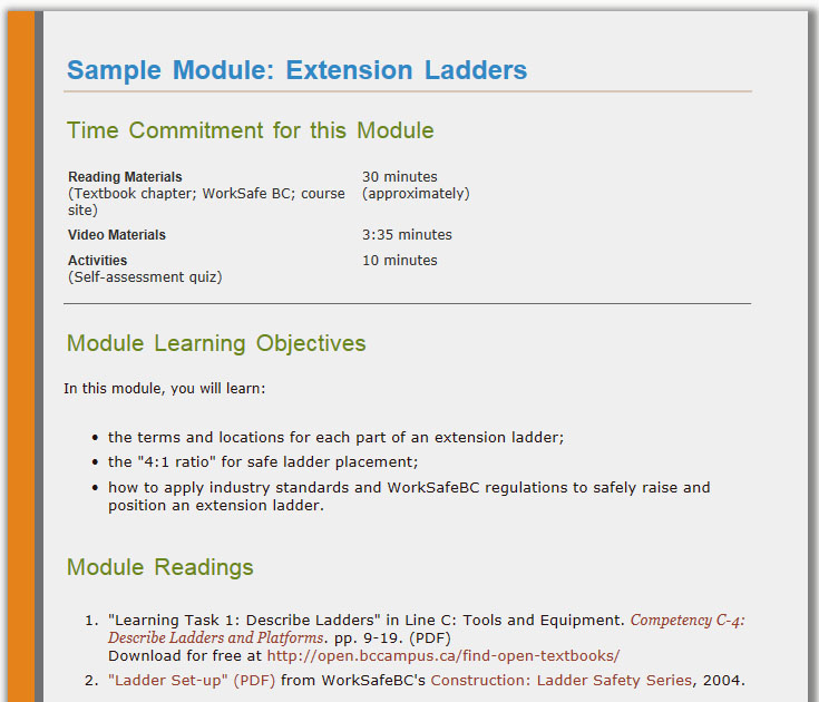 Moira's "Extension Ladders" module: screenshot of Time commitment, learning objectives & readings