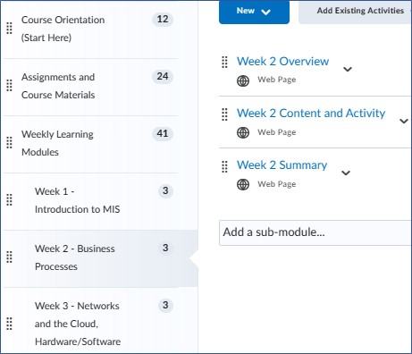 Example of LMS layout and weekly content flow.