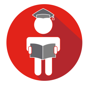 Icon depicting a student wearing a graduate cap and reading a book.