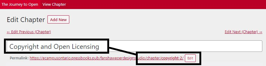 Permalink close-up capture in Pressbooks for chapter title compared to permalink title 