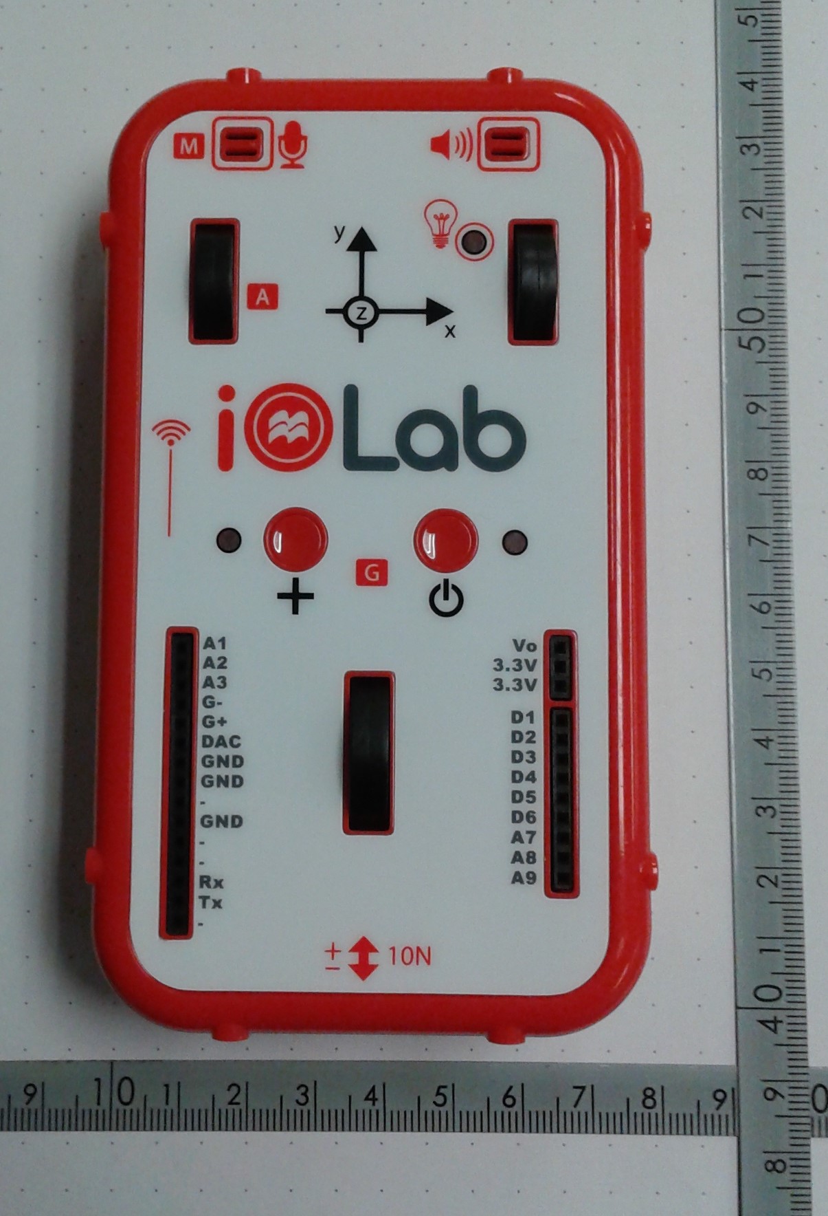 Photograph of a iOLab box with rulers for scale