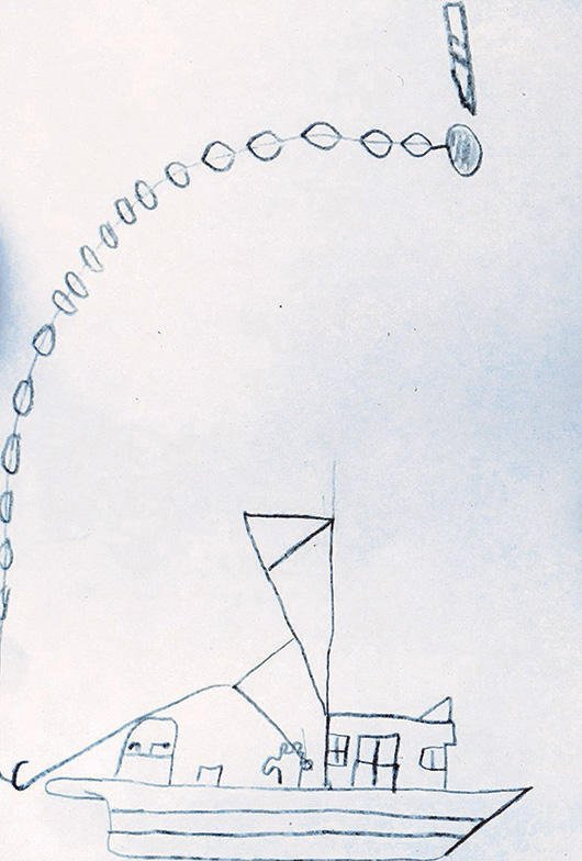 A child's drawing depicting an aerial view of a purse seiner boat