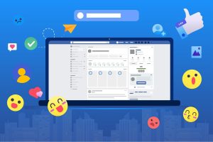 Computer screen with icons floating around with happy faces and angry faces