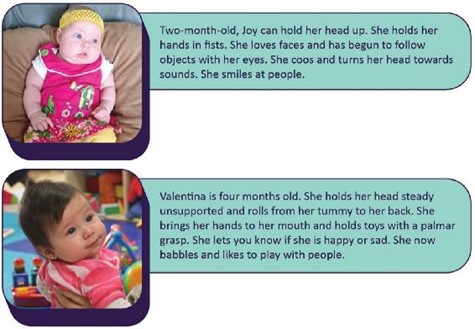 A description of two-month-old Joy and four-month-old Valentina and some of the skills they display.