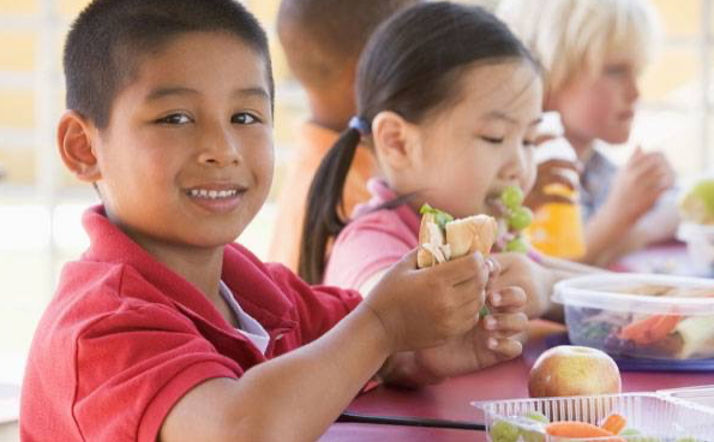 Smiling boy holding a sandwich at a picnic table.
