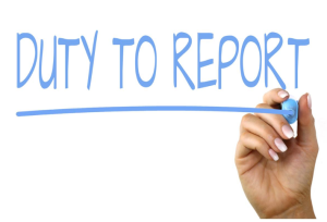 A hand holding a marker that says DUTY TO REPORT.