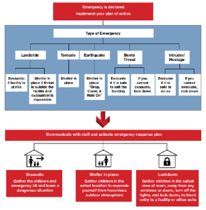 Outline of the different steps of action that are required when an emergency is declared.