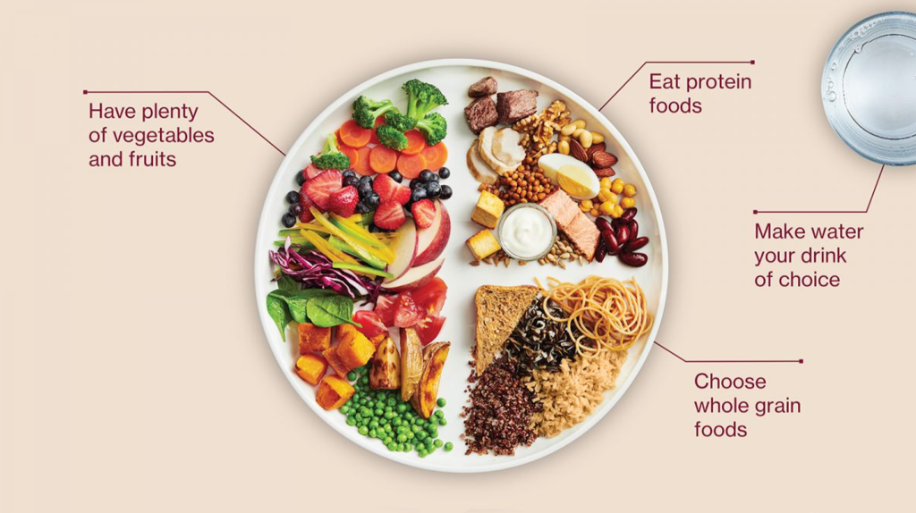 A plate showing recommended portion sizes of the various food groups.
