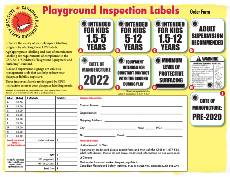 A labeled Playground Inspection Label with the different sections and contents.