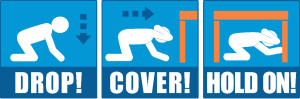 Graphic depictions of the drop, cover, hold on response method.