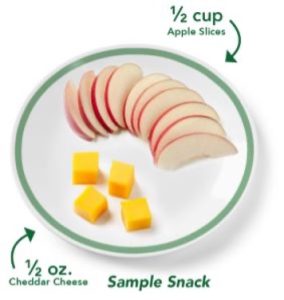 A sample snack showing sliced apple and cubed cheese.