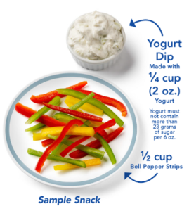 A sample snack showing sliced bell peppers and yogurt dip.