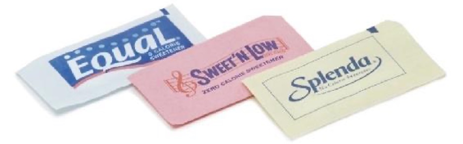 Three packages of various brands of artificial sweeteners.