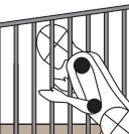 A cartoon image of a person with their head stuck in between bars.