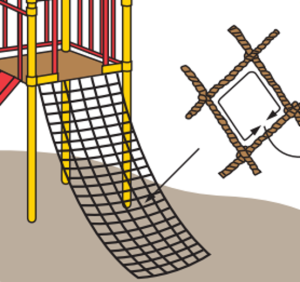 A cartoon image of a net ladder on a playground with the proper measurement of the net opening.